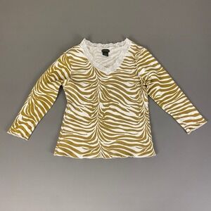 Harvé‎ Benard Zebra Print Top Women's L Long Sleeve V Neck Lace Trim Ribbed Knit